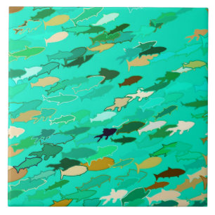 Carreau École de Poisson, Aqua, Vert et Or