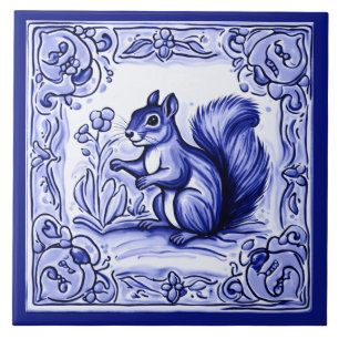 Carreau Écureuil bleu et blanc Folk Art animal