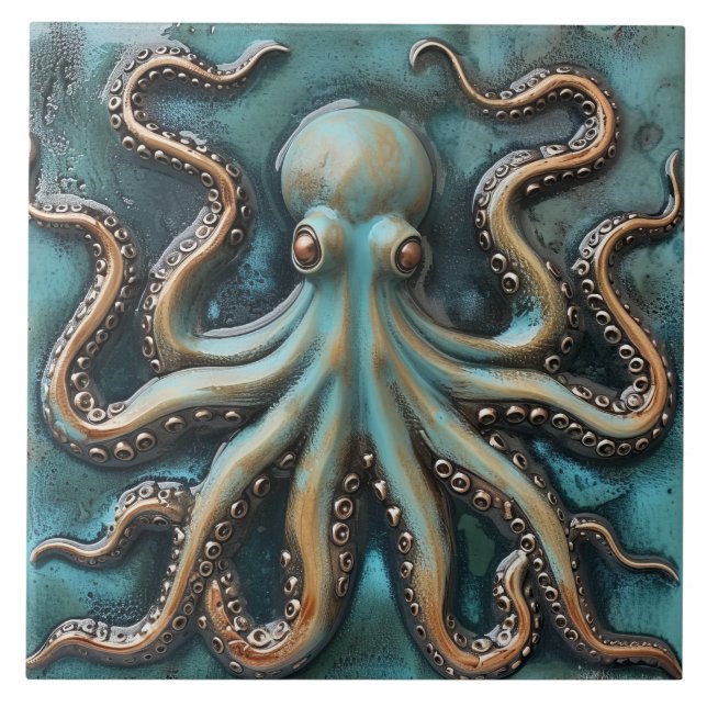 Carreau Effet 3D Teal et cuivre Octopus Aquatique (Devant)
