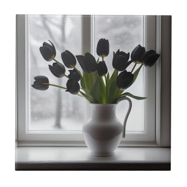 Carreau "Elégance dépoli : Tulipes noires dans un vase bla (Devant)