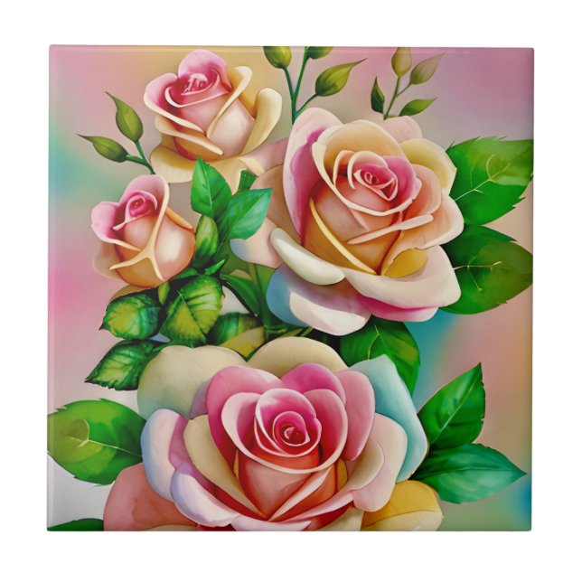 Carreau Elégance Rose rose et jaune Aquarelle Pastel (Devant)