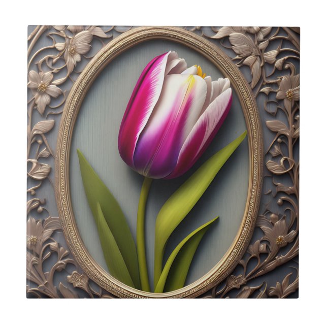 Carreau Élégance : Tulipe rose dans le design Art Nouveau (Devant)