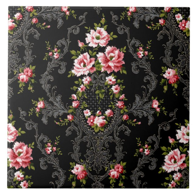 Carreau Élégant Arrière - plan Floral-Noir de Rococo (Devant)