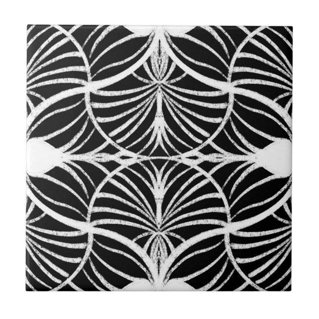 Carreau Elégant Art Déco Pétoncles Gouache Blanc & Noir (Devant)