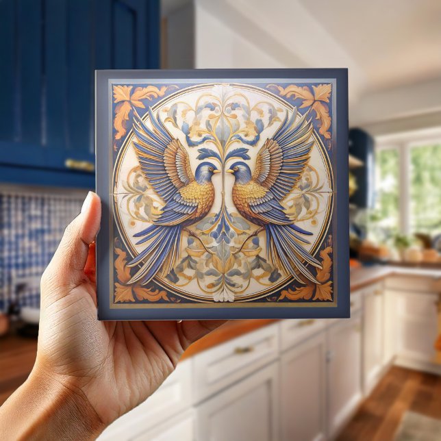 Carreau Elégant Art Nouveau Birds Pat#21 Blue Gold ID1078 (Créateur téléchargé)