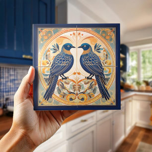 Carreau Élégant Art Nouveau Oiseaux Pat#22 Blue Peach ID10