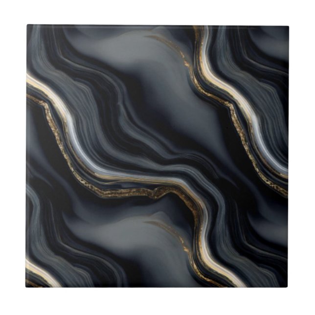 Carreau Elegant Black Marble and Gold Veins Abstract  (Devant)