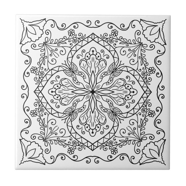 Carreau Elégant Blanc Fleurs Noires Papillon Décoratif (Devant)