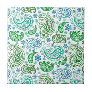 Carreau Elégant bleu blanc & vert Vintage Paisley