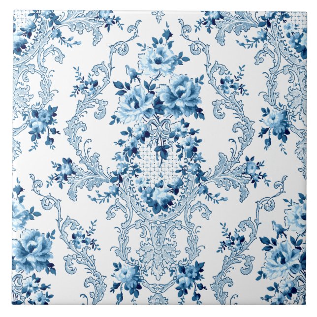 Carreau Elégant bleu et blanc Rococo Floral Cerami (Devant)