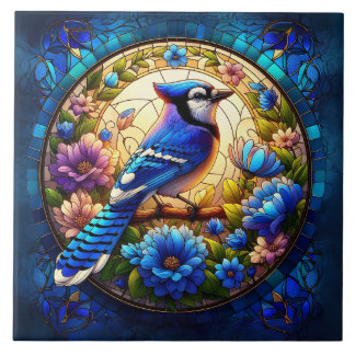 Carreau Élégant Bleu Jay Vitrail de verre inspiré de la na
