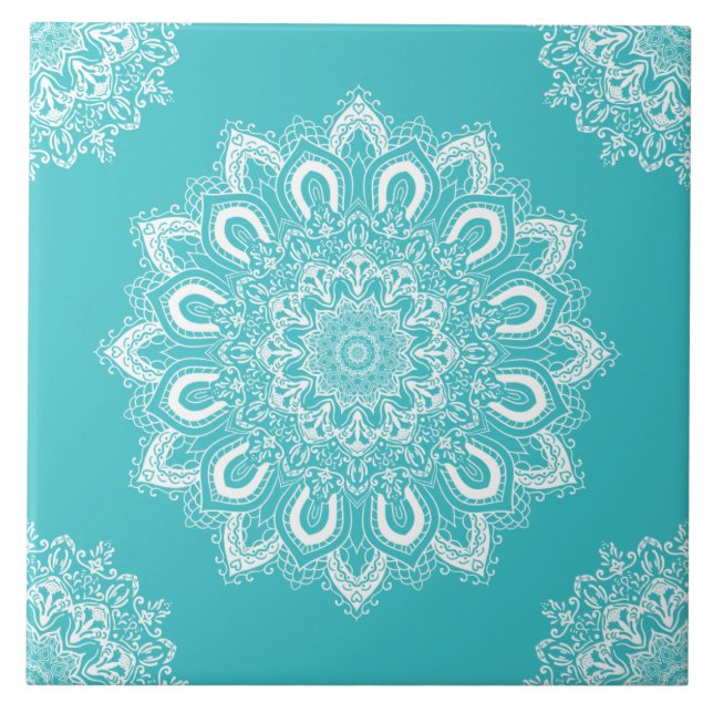 Carreau Elégant bleu Turquoise Aqua Boho Chic Mandala (Devant)