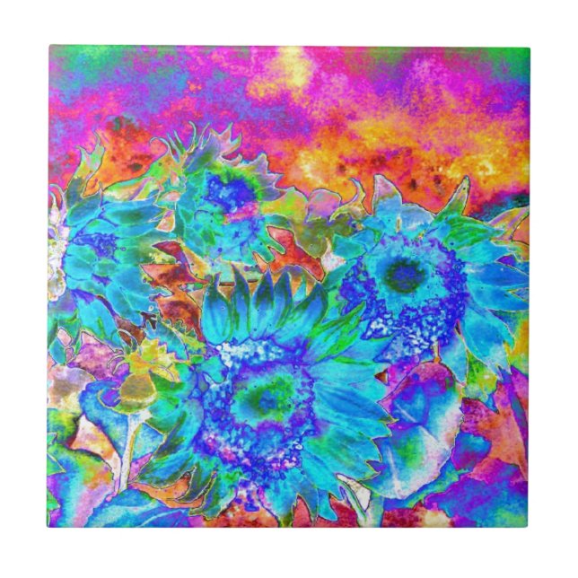 Carreau Elégant bleu turquoise aquarelle tournesol floral (Devant)