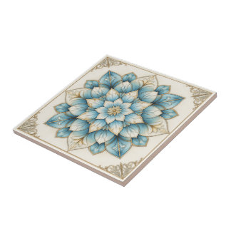Carreau Elegant Blue Gold Floral Mandala Ceramic Tile