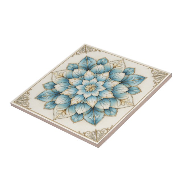 Carreau Elegant Blue Gold Floral Mandala Ceramic Tile (Côté)