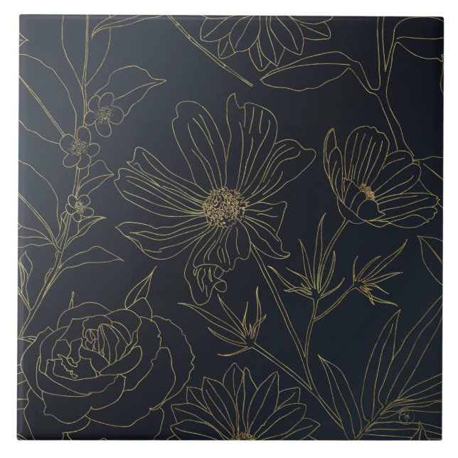 Carreau Elégant Blue Gold Flowers Line Art (Devant)
