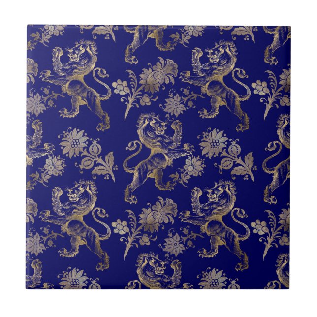 Carreau Élégant Blue Gold Lion Floral  (Devant)