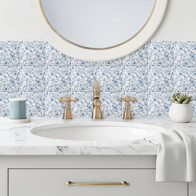 Carreau Elegant Blue Toile Floral Pattern Ceramic Tile (Elegant toile de jouy patterned tile in blue and white - a timeless classic for your home decor.)
