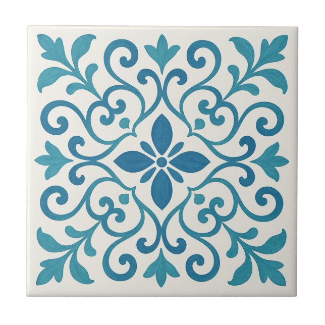 Carreau Elegant Blue & Turquoise Mediterranean Floral Tile (Devant)