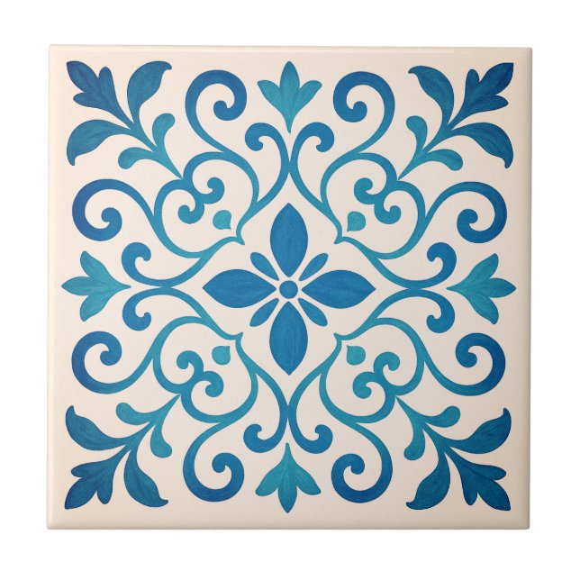 Carreau Elegant Blue & Turquoise Mediterranean Floral V2 (Devant)