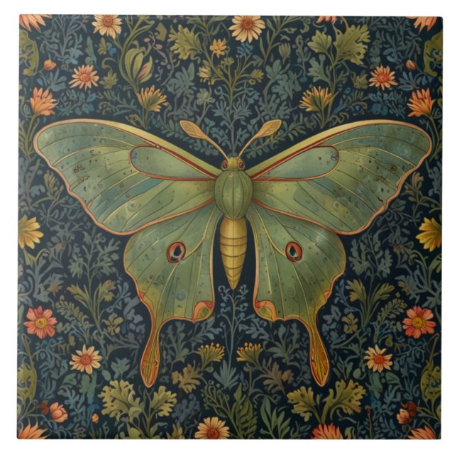 Carreau Élégant boho rétro Luna moth botanique (Devant)