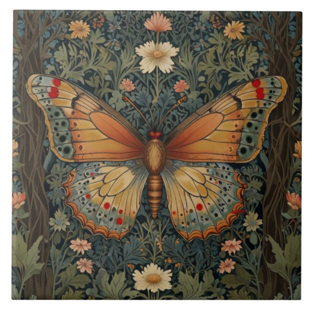 Carreau Élégant buho rétro papillon botanique verdure (Devant)