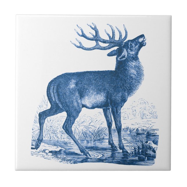 Carreau Elégant Cerf Blanc Bleu Vintage (Devant)