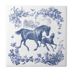 Carreau Élégant Cheval bleu Vintage Floral