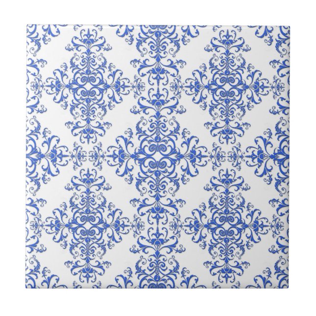 Carreau Elégant Cobalt bleu et blanc Floral Style Damask (Devant)