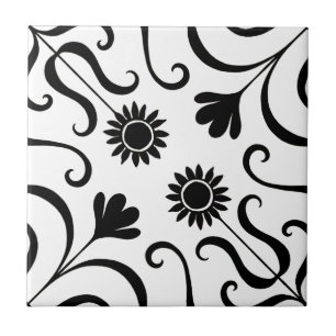 Carreau Élégant Damas Floral Fleur de soleil noir et blanc