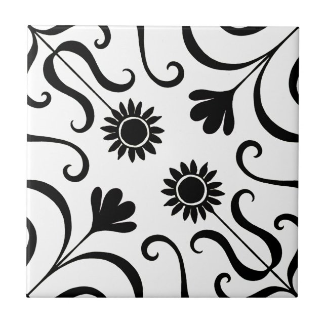 Carreau Élégant Damas Floral Fleur de soleil noir et blanc (Devant)
