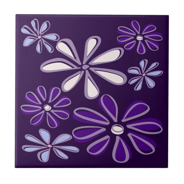 Carreau Élégant Doodle de fleurs bleu foncé violet (Devant)