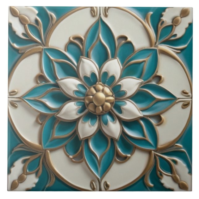 Carreau Elégant Faux Relief Floral Turquoise Blanc & Or (Devant)