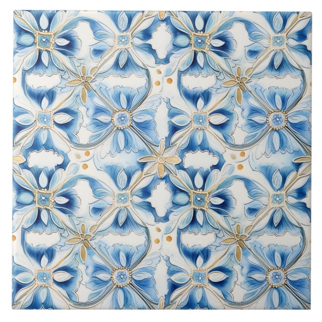 Carreau Élégant floral bleu méditerranéen (Devant)