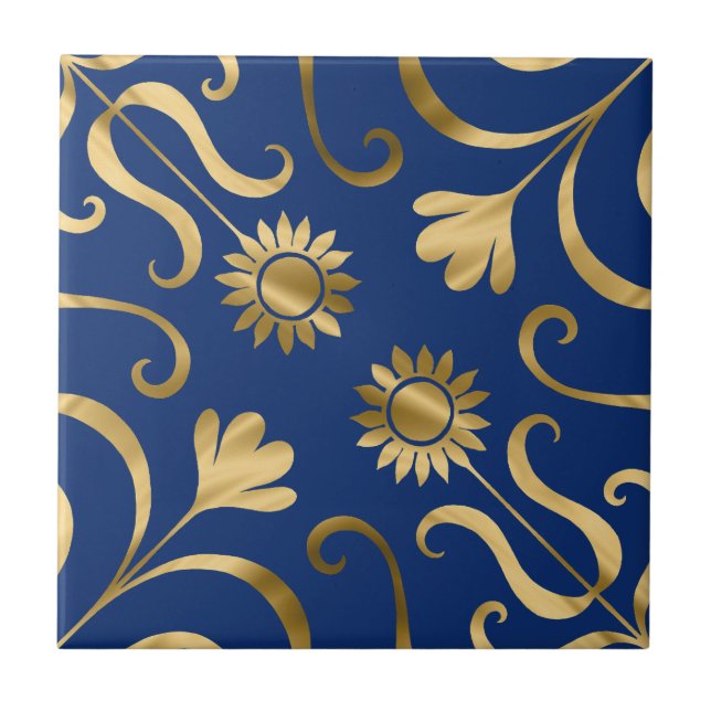 Carreau Elégant floral Damask Navy bleu & or tournesol (Devant)