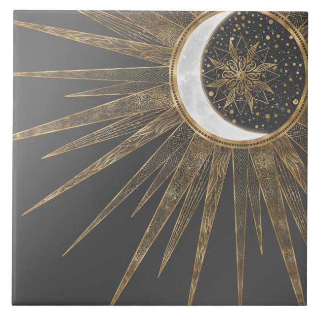 Carreau Elegant Gold Doodles Sun Moon Mandala Design (Devant)