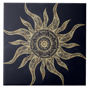 Carreau Elégant Gold Sun Mandala Blue Nebula Design