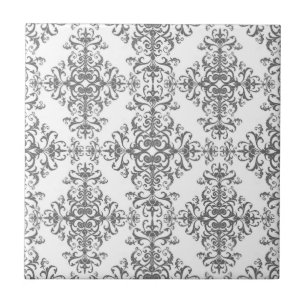 Carreau Élégant gris et blanc, floral damassé, art victori