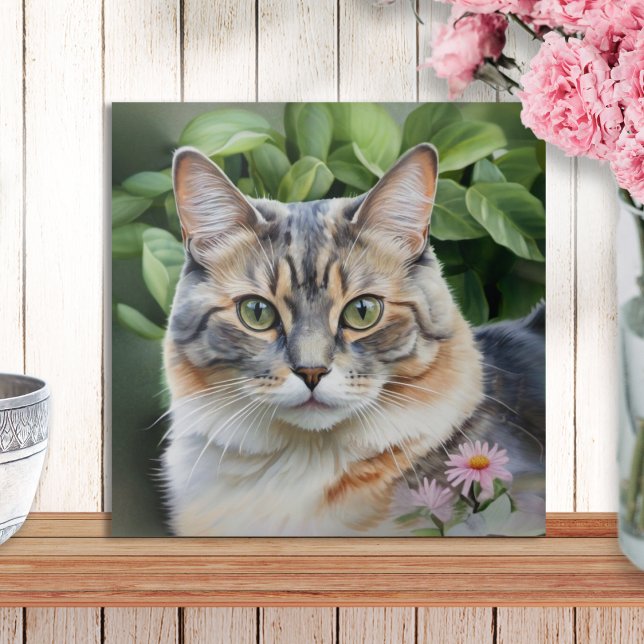 Carreau Élégant Joli Chat Tortoiseshell Dilute Dans Le Jar (A decorative ceramic wall tile with picture of a dilute tortoiseshell cat in a garden with flowers)