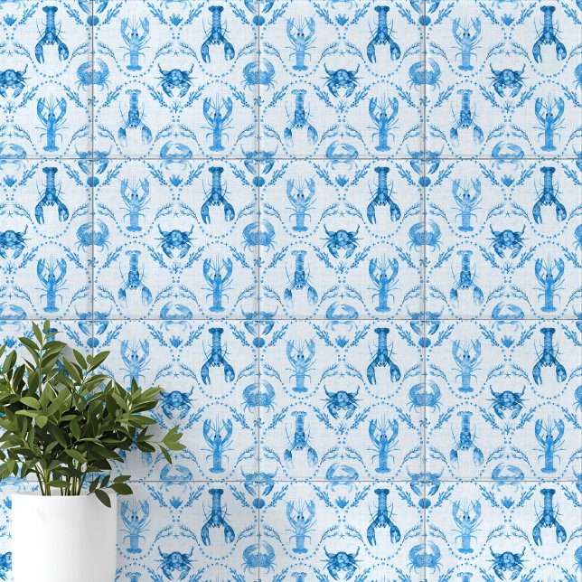 Carreau Elegant Lobster and Crabs in Cornflower Blue (Elegant Lobster and Crabs in Cornflower Blue Ceramic Tile)