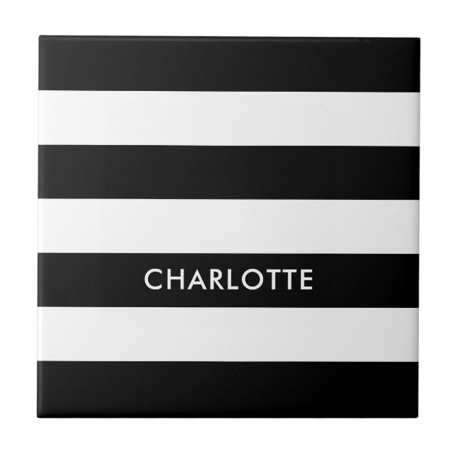 Carreau Elégant luxe personnalisé noir et blanc rayé (Devant)