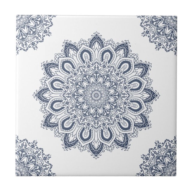 Carreau Elégant Mandala Bleu Blanc (Devant)