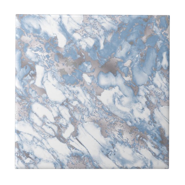 Carreau Elégant Marbre Faux Blanc Duché Bleu Argent (Devant)