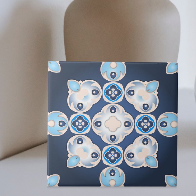 Carreau Elégant Médaillon Bleu Méditerranéen Beige (Créateur téléchargé)