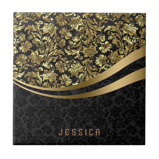 Carreau Elégant modèle noir & or floral Damask (Devant)