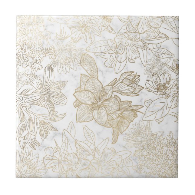Carreau Elégant moderne blanc gris or marbre floral (Devant)