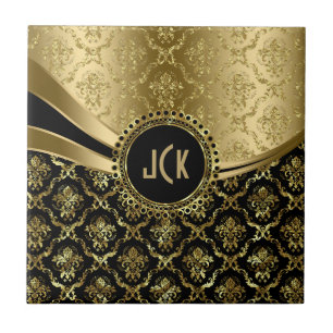 Carreau Élégant monogramme noir & or Damas florales 2c