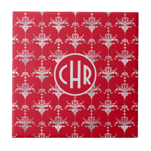 Carreau Élégant Monogramme rouge et blanc damassé