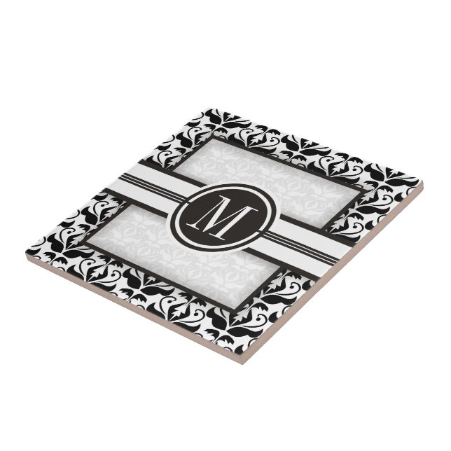 Carreau Elégant motif noir et blanc damassé & monogramme (Côté)