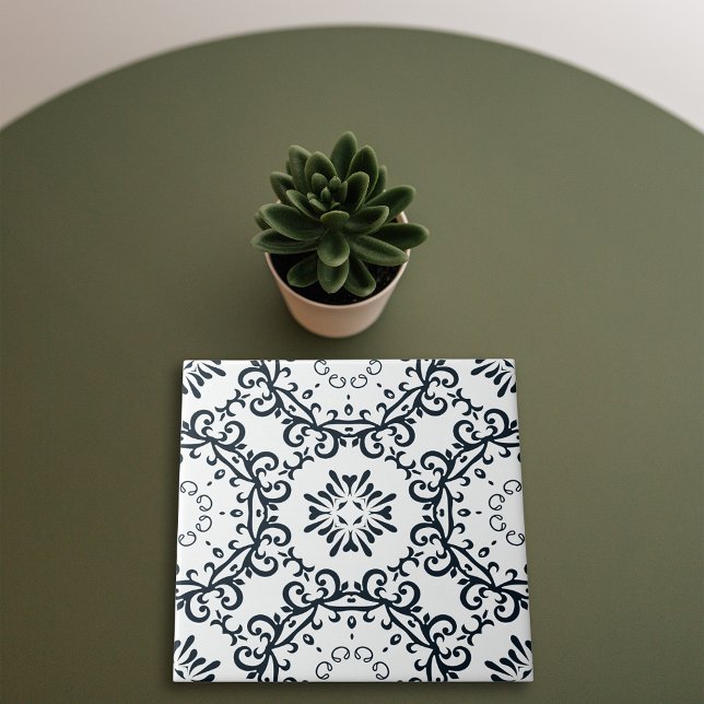 Carreau Élégant noir et blanc Damas Motif victorien (Créateur téléchargé)